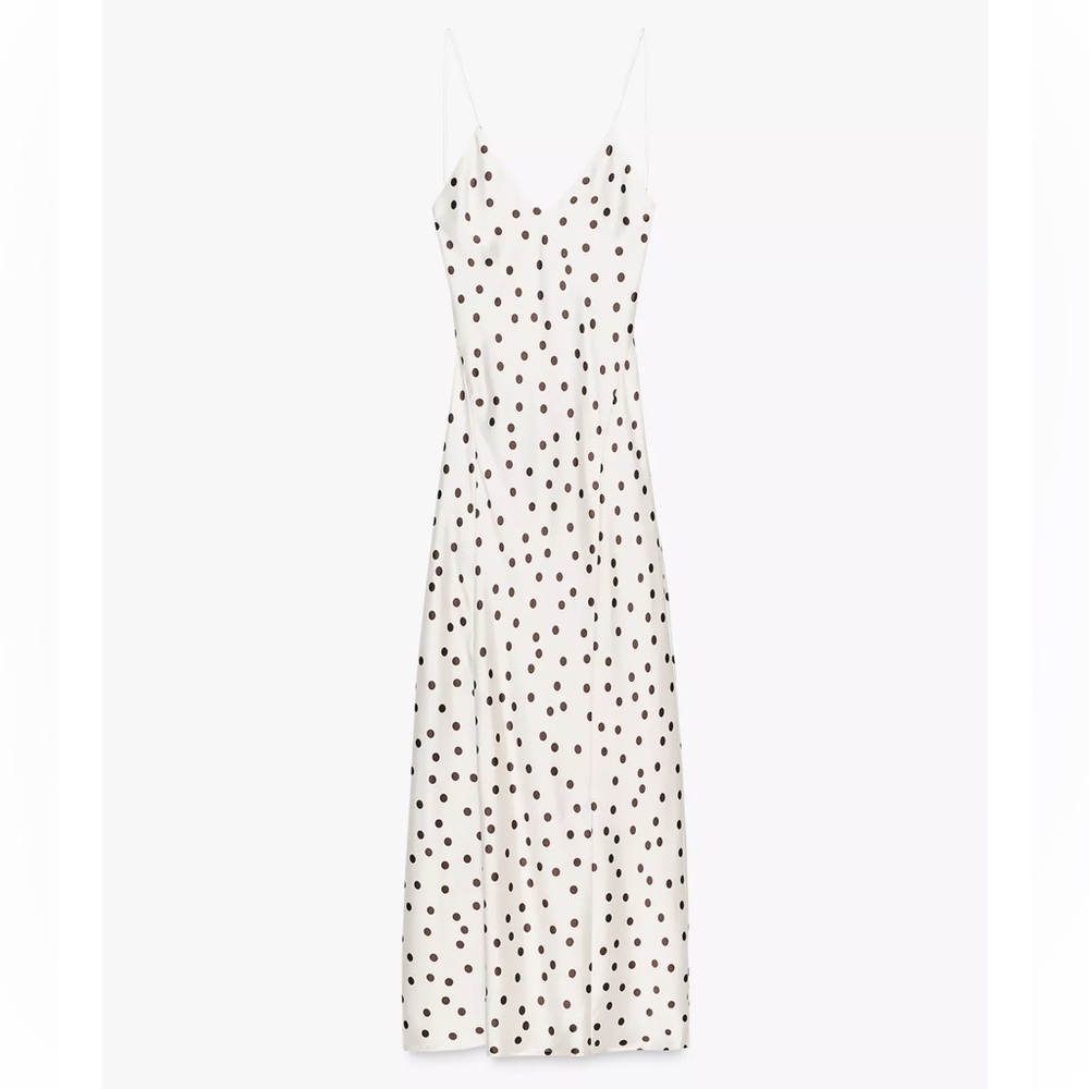 Zara Satin Polka Dot Midi Dress in Ecru and Brown